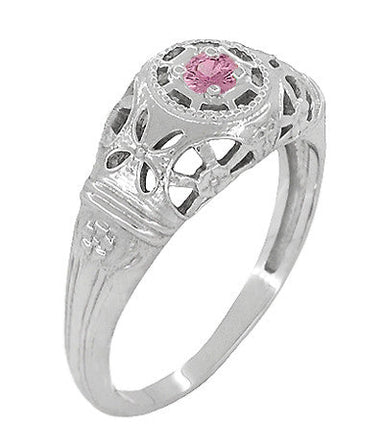 Art Deco Low Dome Platinum Filigree Pink Sapphire Ring - alternate view