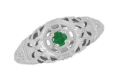 Art Deco Filigree Floral Dome Emerald Ring in White Gold - Item: R428WE - Image: 4