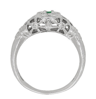 Art Deco Filigree Floral Dome Emerald Ring in White Gold - Item: R428WE - Image: 5