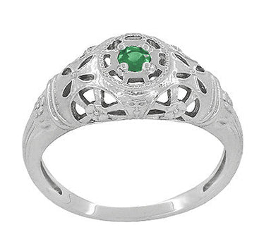 Art Deco Filigree Floral Dome Emerald Ring in White Gold - alternate view