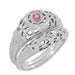Art Deco Floral Low Dome Filigree Pink Sapphire Ring in 14 Karat White Gold