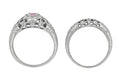 Art Deco Floral Low Dome Filigree Pink Sapphire Ring in 14 Karat White Gold