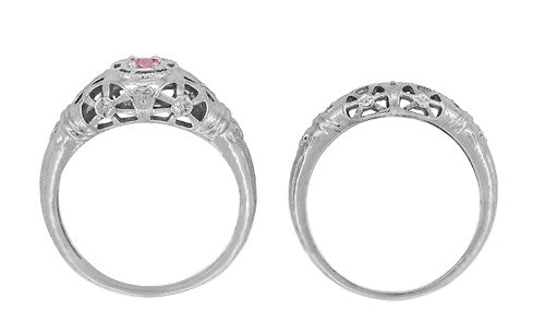Art Deco Floral Low Dome Filigree Pink Sapphire Ring in 14 Karat White Gold - Item: R428WPS - Image: 9