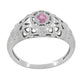 Art Deco Floral Low Dome Filigree Pink Sapphire Ring in 14 Karat White Gold