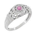 Art Deco Floral Low Dome Filigree Pink Sapphire Ring in 14 Karat White Gold