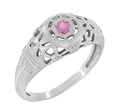 Art Deco Floral Low Dome Filigree Pink Sapphire Ring in 14 Karat White Gold