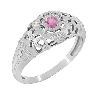 Art Deco Floral Low Dome Filigree Pink Sapphire Ring in 14 Karat White Gold