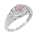 Art Deco Floral Low Dome Filigree Pink Sapphire Ring in 14 Karat White Gold