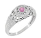 Art Deco Floral Low Dome Filigree Pink Sapphire Ring in 14 Karat White Gold