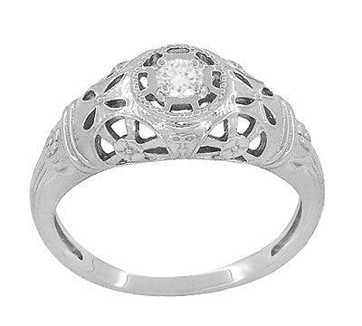 Low Dome Art Deco Filigree White Sapphire Ring in White Gold - Item: R428WWS - Image: 3