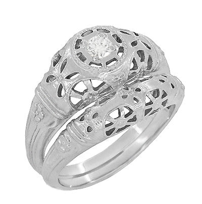 Low Dome Art Deco Filigree White Sapphire Ring in White Gold - Item: R428WWS - Image: 5