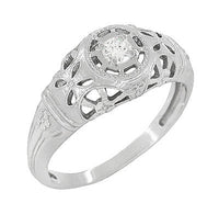 Low Dome Art Deco Filigree White Sapphire Ring in White Gold