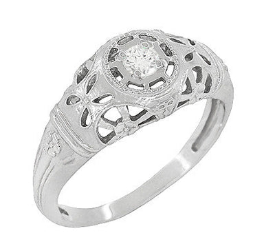 Low Dome Art Deco Filigree White Sapphire Ring in White Gold