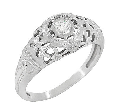 Low Dome Art Deco Filigree White Sapphire Ring in White Gold