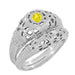 Art Deco Floral Filigree Low Dome Yellow Sapphire Ring in 14 Karat White Gold