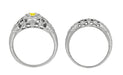 Art Deco Floral Filigree Low Dome Yellow Sapphire Ring in 14 Karat White Gold