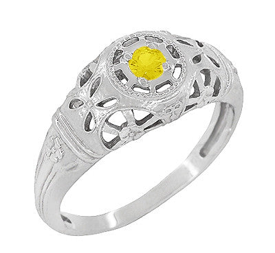 Art Deco Floral Filigree Low Dome Yellow Sapphire Ring in 14 Karat White Gold