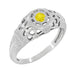 Art Deco Floral Filigree Low Dome Yellow Sapphire Ring in 14 Karat White Gold