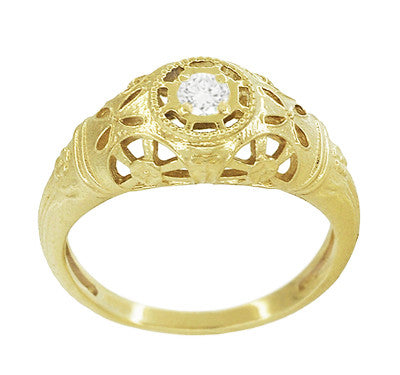 Yellow Gold Art Deco Low Dome Open Filigree Flowers Diamond Engagement Ring - Item: R428Y-LC - Image: 3