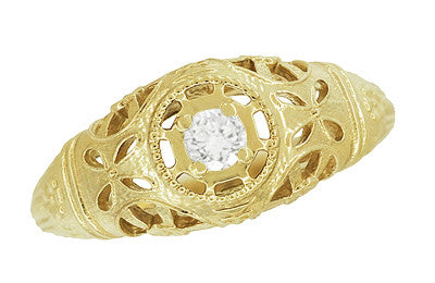 Yellow Gold Art Deco Low Dome Open Filigree Flowers Diamond Engagement Ring - Item: R428Y-LC - Image: 4