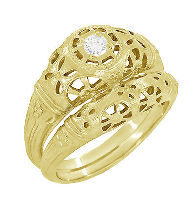 Yellow Gold Art Deco Low Dome Open Filigree Flowers Diamond Engagement Ring - Item: R428Y-LC - Image: 5