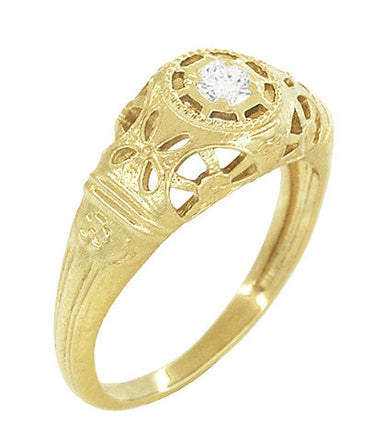 Yellow Gold Art Deco Low Dome Open Filigree Flowers Diamond Engagement Ring - alternate view