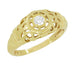 Yellow Gold Art Deco Low Dome Open Filigree Flowers Diamond Engagement Ring