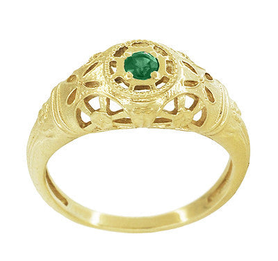 Art Deco Yellow Gold Low Dome Floral Filigree Emerald Ring - Item: R428YE - Image: 3