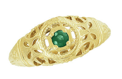 Art Deco Yellow Gold Low Dome Floral Filigree Emerald Ring - Item: R428YE - Image: 4