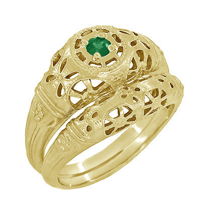 Art Deco Yellow Gold Low Dome Floral Filigree Emerald Ring - Item: R428YE - Image: 5