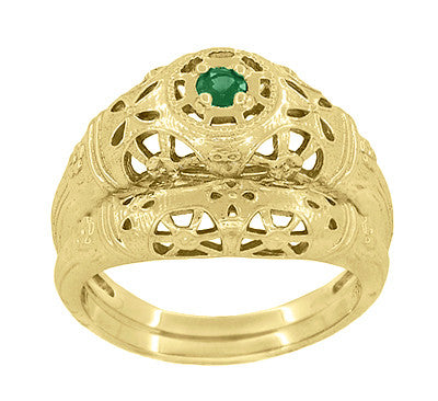 Art Deco Yellow Gold Low Dome Floral Filigree Emerald Ring - Item: R428YE - Image: 6