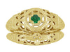 Art Deco Yellow Gold Low Dome Floral Filigree Emerald Ring