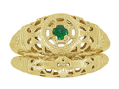 Art Deco Yellow Gold Low Dome Floral Filigree Emerald Ring - Item: R428YE - Image: 7