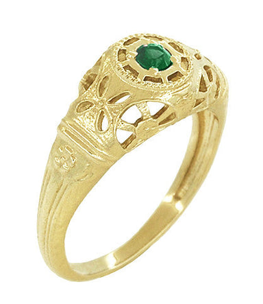 Art Deco Yellow Gold Low Dome Floral Filigree Emerald Ring - alternate view