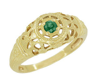 Art Deco Yellow Gold Low Dome Floral Filigree Emerald Ring