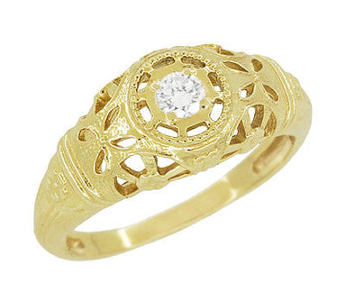 1920's Art Deco Low Dome Yellow Gold Filigree White Sapphire Ring