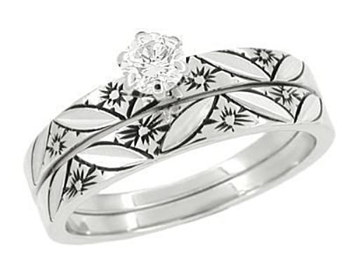 Floral Antique Finish Wedding Set in 14 Karat White Gold