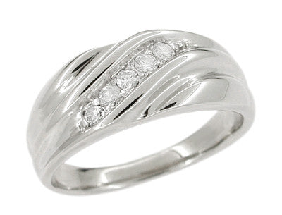 Vintage Retro Moderne Men's Diamond Set Wave Ring in 14 Karat White Gold