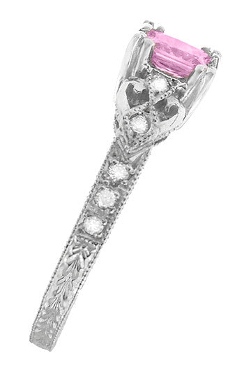 Art Deco Loving Hearts Princess Cut Pink Sapphire Vintage Style Engraved Engagement Ring in Platinum - Item: R459PPS - Image: 3