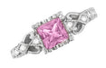 Art Deco Loving Hearts Princess Cut Pink Sapphire Vintage Style Engraved Engagement Ring in Platinum