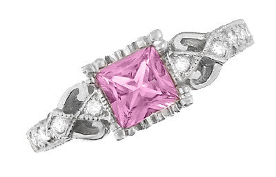 Art Deco Loving Hearts Princess Cut Pink Sapphire Vintage Style Engraved Engagement Ring in Platinum - Item: R459PPS - Image: 4