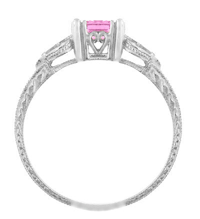Art Deco Loving Hearts Princess Cut Pink Sapphire Vintage Style Engraved Engagement Ring in Platinum - Item: R459PPS - Image: 2