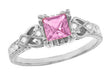 Art Deco Loving Hearts Princess Cut Pink Sapphire Vintage Style Engraved Engagement Ring in Platinum