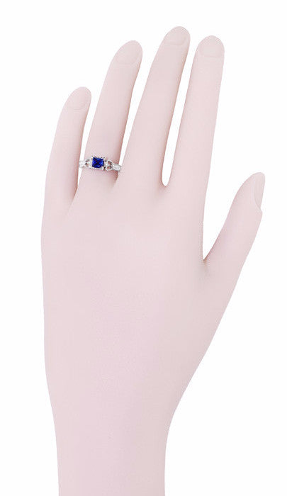 Art Deco Loving Hearts Princess Cut Blue Sapphire Vintage Style Engraved Engagement Ring in Platinum - Item: R459PS - Image: 7