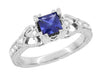 Art Deco Loving Hearts Princess Cut Blue Sapphire Vintage Style Engraved Engagement Ring in Platinum
