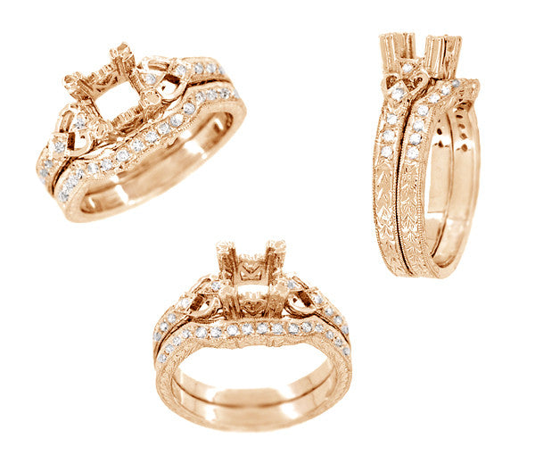 Loving Hearts Art Deco Antique Style Engagement Ring Setting for a 1 Carat Round or Princess Cut Diamond in 14 Karat Rose ( Pink ) Gold - Item: R459R1-LC - Image: 4