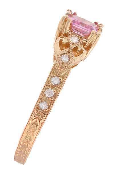 Loving Hearts Princess Cut Pink Sapphire Antique Style Engraved Engagement Ring in 14 Karat Rose ( Pink ) Gold - Item: R459RPS - Image: 3
