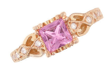 Loving Hearts Princess Cut Pink Sapphire Antique Style Engraved Engagement Ring in 14 Karat Rose ( Pink ) Gold - alternate view