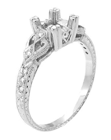 Art Deco Antique Style Loving Hearts Engraved Engagement Ring Mounting for a 1 Carat Round or Princess Cut Diamond in White Gold - 14K or 18K