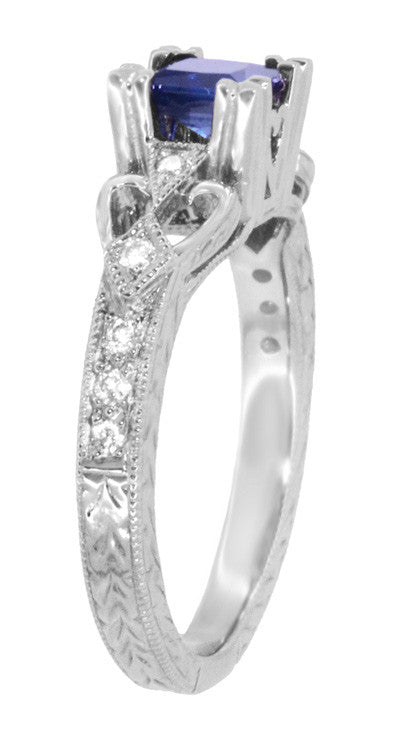 Vintage Inspired Loving Hearts Square Princess Cut Blue Sapphire Carved Art Deco Engagement Ring in 18 Karat White Gold - Item: R459WS - Image: 4